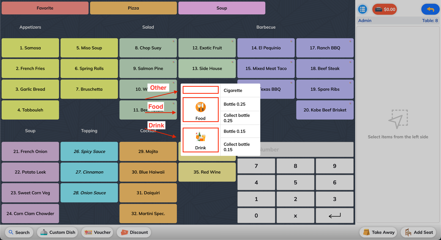 Select dish type for custom dish