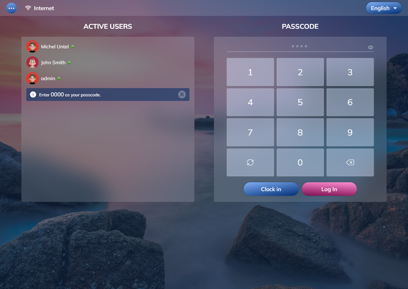 Login screen with passcode input