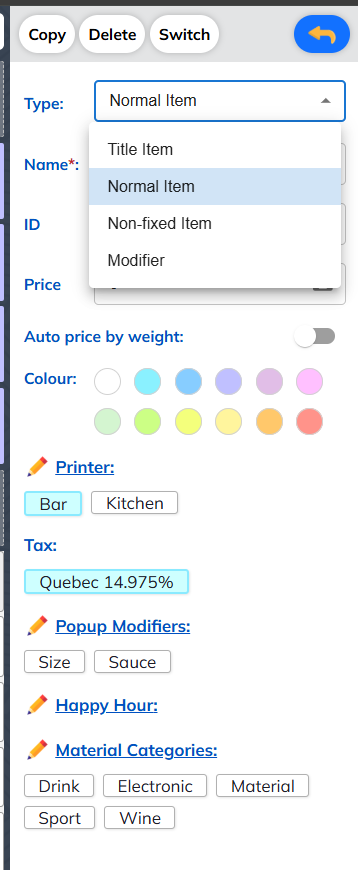 Setup menu items interface