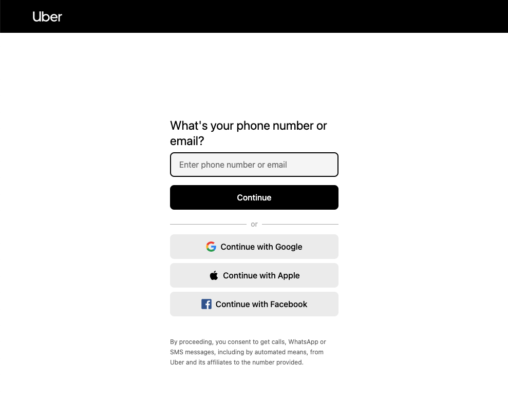 Uber Eats login screen
