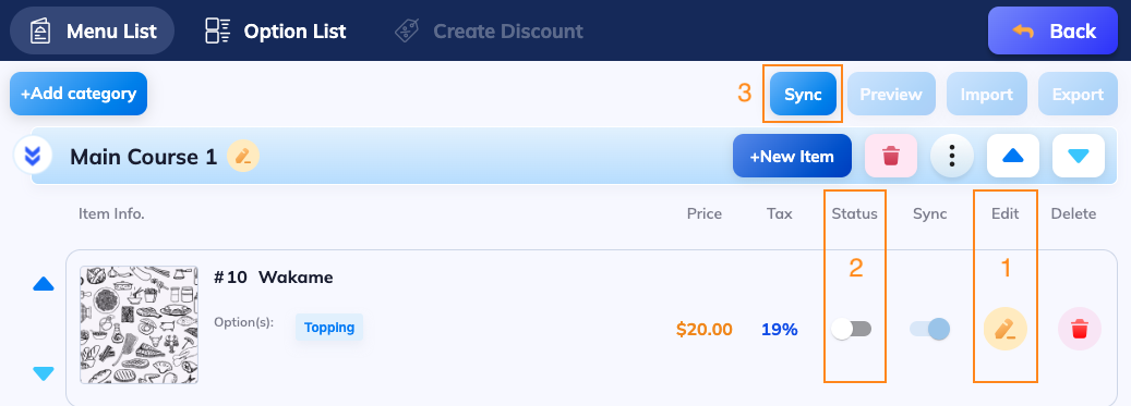 Sync menu item interface
