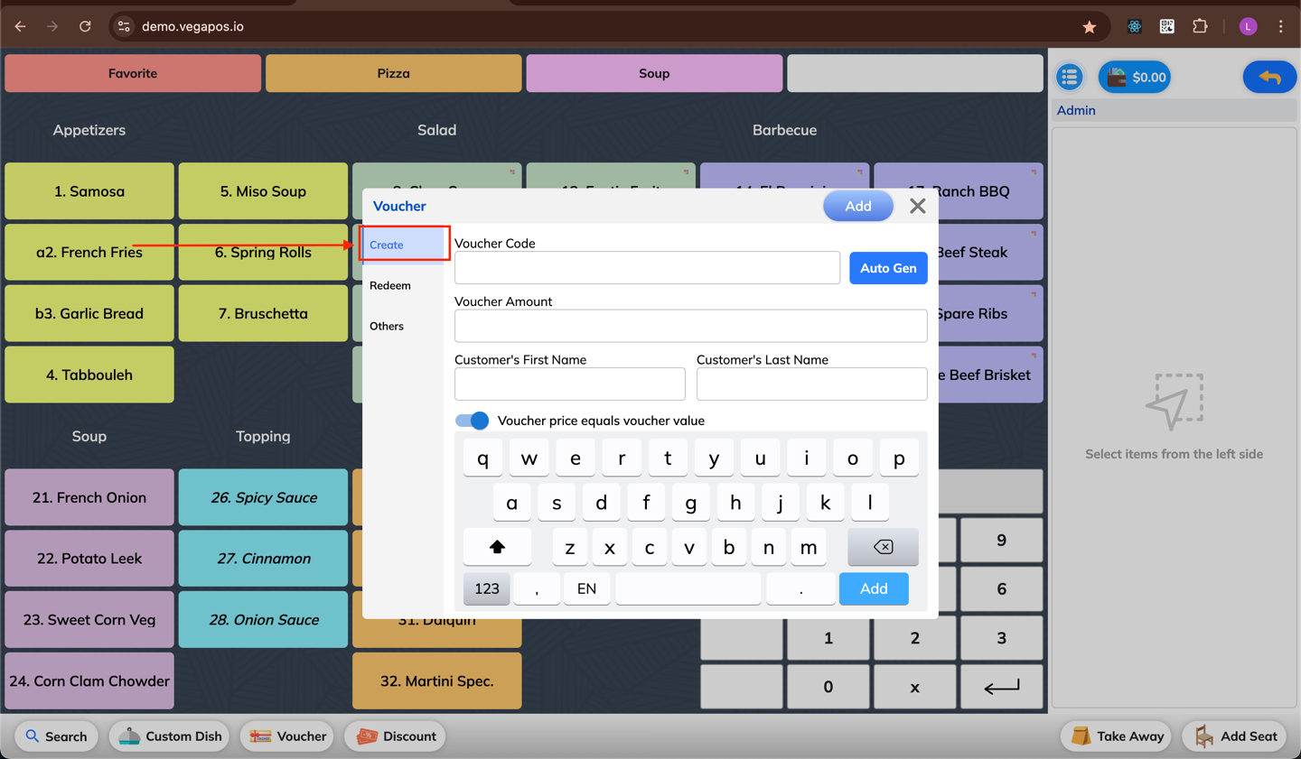 Select the Create tab in the Voucher tool