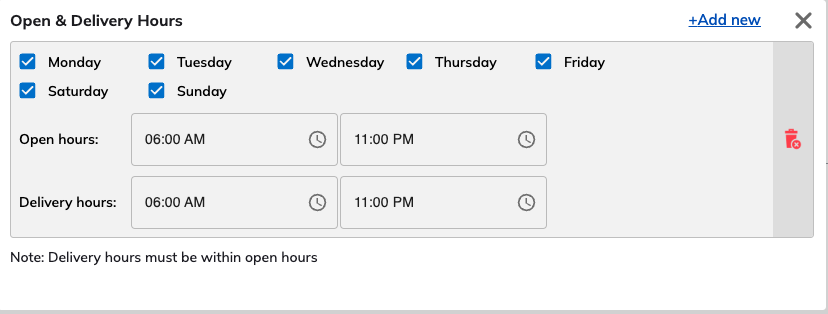 Delivery hours configuration