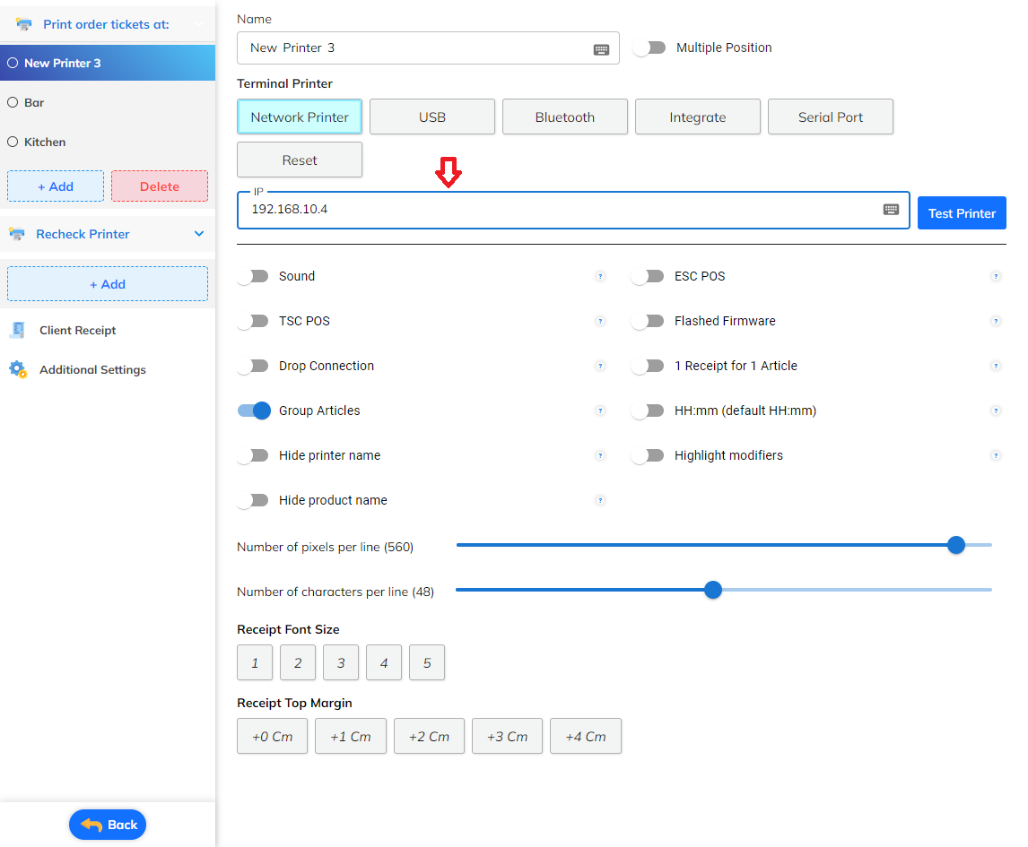 IP address input for network printer