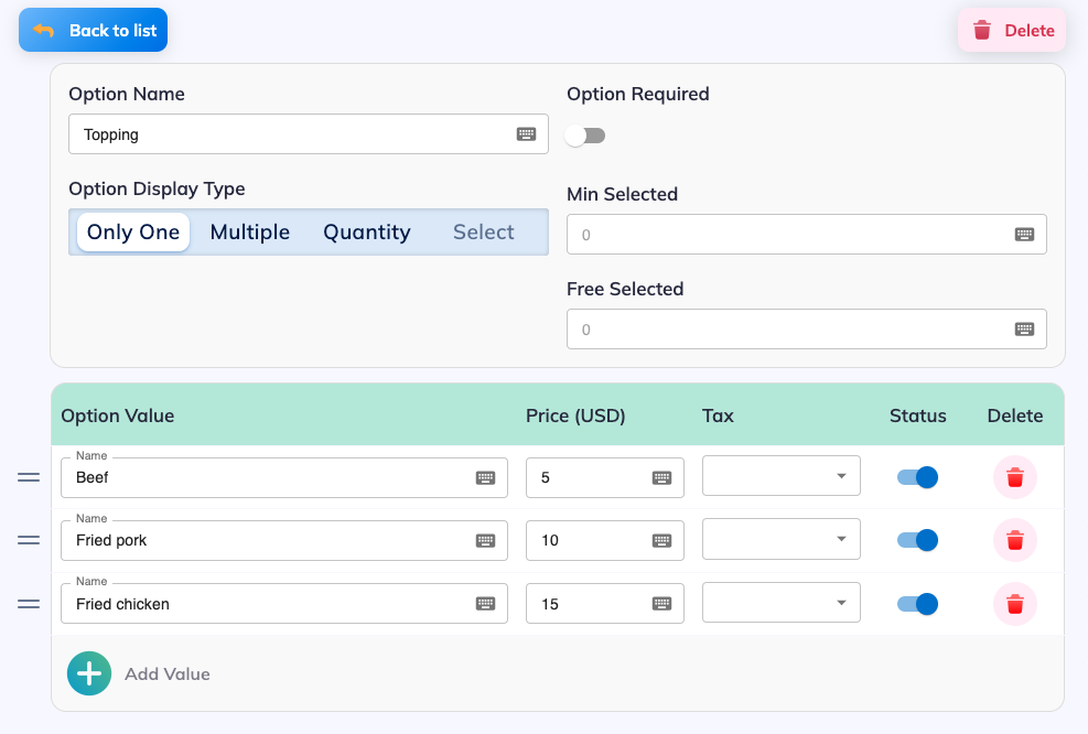 Edit option interface with option types